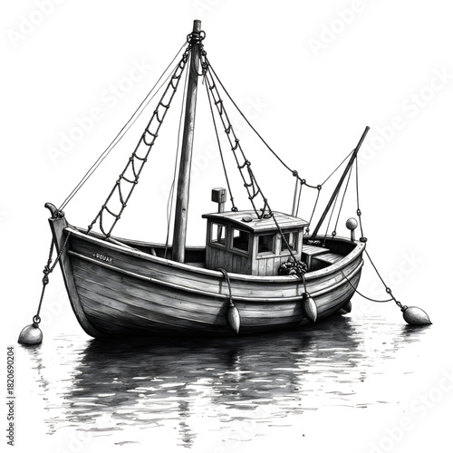Maritime Serenity: A quaint fishing boat gracefully floats atop the tranquil water surface, capturing the essence of maritime life, the vessel stands still.
