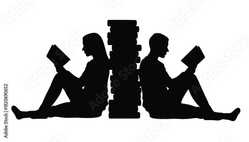 Silhouettes of two people reading books back to back, separated by a stack of books.