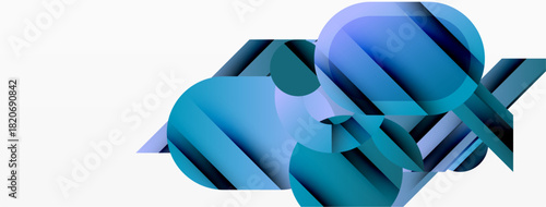 Abstract shapes overlap, creating layered blue tones. Minimalist design with geometric forms, modern aesthetic. Clean background enhances visual impact.