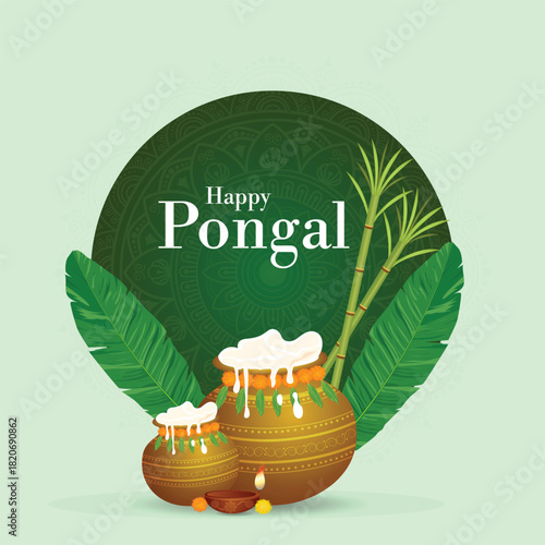 Happy pongal celebration  with decorated pot sugarcane and sun in colorful pongal celebration
