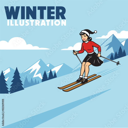 Retro style illustration of a woman in a Santa hat skiing down a snowy mountain
