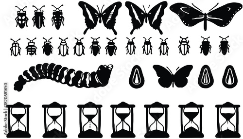 Collection of stylized insects, caterpillars, and hourglasses symbolizing nature and the passage of time