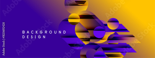 Abstract gradient background features overlapping circles, rectangles. Vibrant purple transitions to bright yellow. Modern design element.