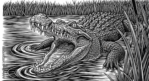 A striking black and white illustration of a powerful alligator or crocodile, jaws wide open, in water near marsh reeds, depicting its fierce and predatory essence