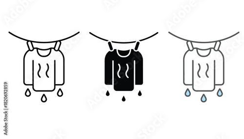 Icons representing a wet sweater drying on a clothesline with dripping water