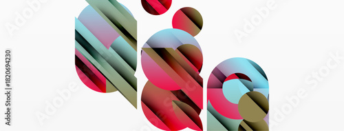 Abstract geometric shapes overlap, creating vibrant color blends. Red, teal, gray tones dominate composition. Modern design elements present.