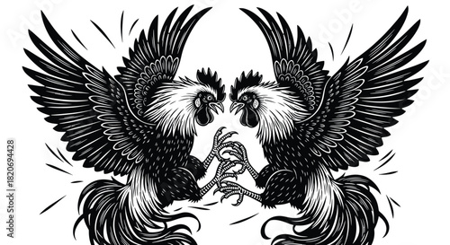 Two powerful roosters engage in an intense cockfight, feathers ruffled and claws extended, depicted in a striking black and white illustration