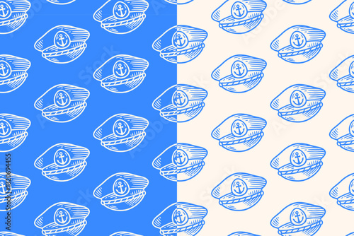 Captain sailor hat hand drawn seamless pattern on blue beige background for marine and nautical merchandise. Seaman cap hat engraving doodle pattern background. Naval cap hatching motif wallpaper