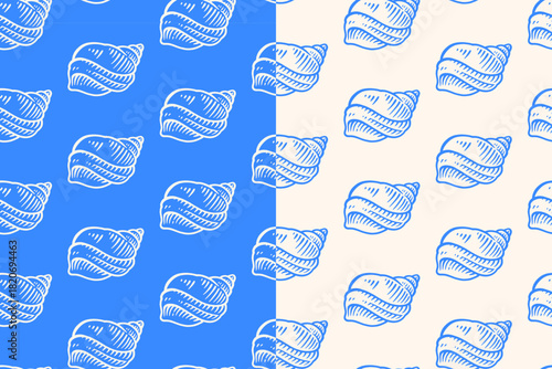 Seashell mollusks hand drawn seamless pattern on blue beige background for nautical merchandise. Marine conch animal engraving doodle pattern background. Ocean shellfish hatching motif wallpaper