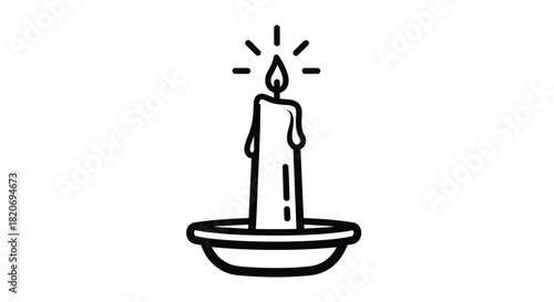 A graphic illustration of a lit candle in a holder, with a radiant flame, symbolizing warmth, light, spirituality, and celebration