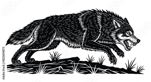 A fierce black wolf, with detailed fur and sharp teeth, captured in a dynamic running pose, embodying strength and wildness