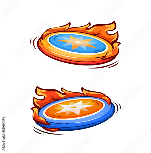 Flaming Flying Frisbee Vector Set with Motion Effects