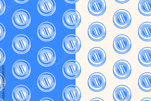 Ship window hand drawn seamless pattern on blue beige background for sailor and fisher merchandise. porthole engraving doodle pattern background. Circular window deck hatching motif wallpaper