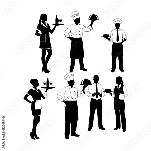 continuous line of restaurant waiter carrying food with silver cove silhouette pack of waiter shif icons