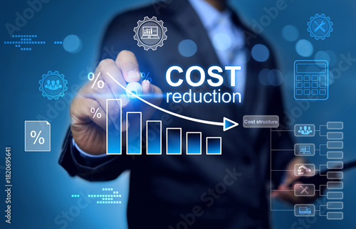 Cost reduction concept with businessman writing on percentage on graph to reduce unnecessary factor, representing management to best efficiency of resources and basic factors for maximum profit return