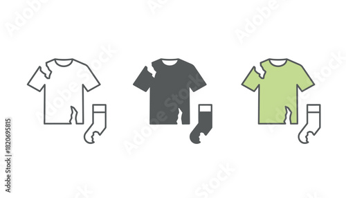 Set of torn clothing icons representing damaged apparel or laundry