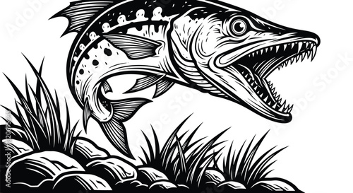 Striking black and white illustration of a powerful predatory fish with sharptoothed mouth open, dynamically leaping from water