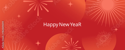 Chinese New Year 2026 horizontal banner with fireworks on red  background and place for your text. Celebrating, new year 2026, independence day. Vector design for web, social media post, advertising, 