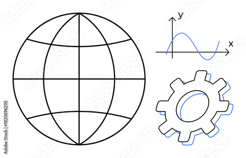 Globe, gear, and graph visualize global collaboration, analytics, innovation, data analysis, and automation. Ideal for technology, engineering global solutions process optimization business