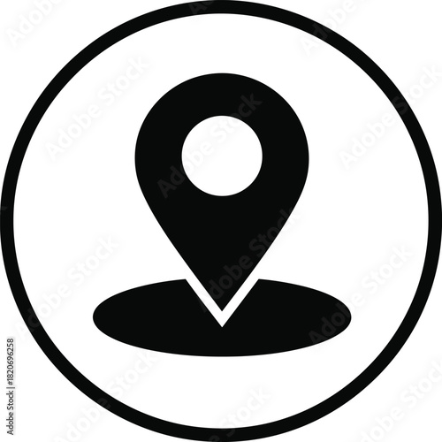 Black and white location pin in circle graphic for maps and navigation