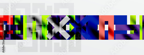 Abstract colorful blocks form complex pattern. Geometric shapes overlap creating vibrant visual texture. Minimalist design with dark background.
