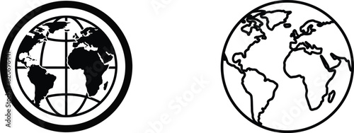 Two globe illustrations one with grid lines and one without in black and white
