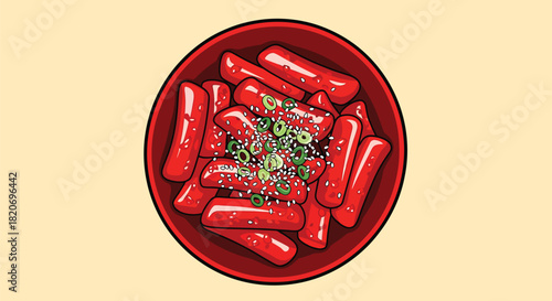 A vibrant illustration of classic korean tteokbokki, featuring chewy rice cakes coated in a fiery red chili sauce, garnished with green onion and sesame seed, served in a bowl