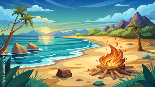 Very beautiful view of a peaceful beach at eye level, featuring a warm bonfire surrounded by scattered driftwood, soft sand, and gentle ocean waves in a calm coastal atmosphere.