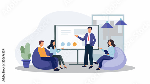 Team collaboration and presentation in a modern office setting with a presenter and attendees engaged in discussion