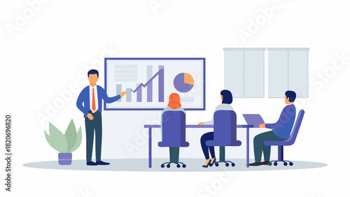 Business meeting with a presenter showing a financial graph and data on a screen to colleagues in a modern office