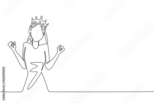 Single line drawing of a woman wearing a crown and raising her fists in a triumphant or strong pose, symbolizing strength and victory. Support International Albinism Awareness Day event.