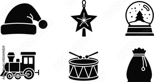 Christmas holiday icons set santa hat star snow globe train drum and gift bag