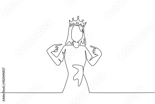 Single line draw of a self confidence woman wearing a crown and pointing fingers at herself, representing self-affirmation, pride, and identity. Health concept of International Albinism Awareness Day