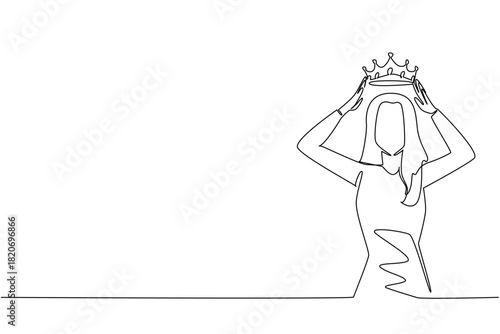 Single line draw of a woman place adjusting her crown, a health concept. Celebrates identity, pride, and equal rights within a supportive global community. International Albinism Awareness Day event.