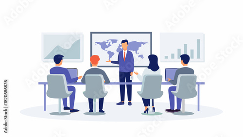Business meeting in a modern office with a presenter showing a world map and charts on screens to colleagues seated at a table