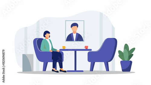 A woman sits in a cafe waiting for someone with a portrait of a man on the wall above a table with two cups