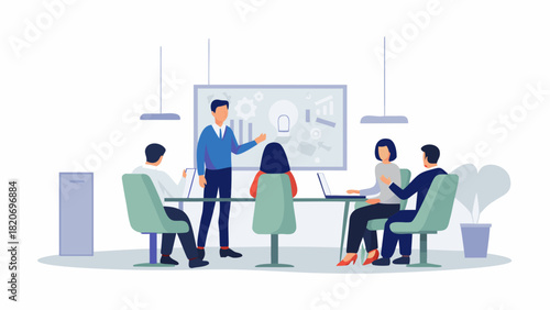 Diverse team collaborates in a modern office setting brainstorming ideas around a table with a presenter at a whiteboard