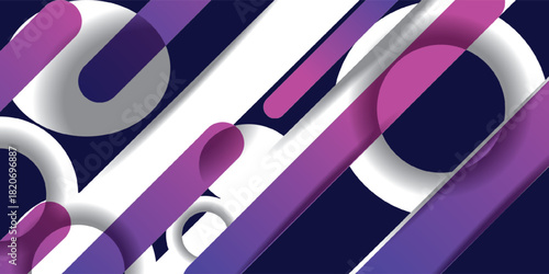 Abstract Geometric Composition with White Circles and Purple Gradient Stripes.