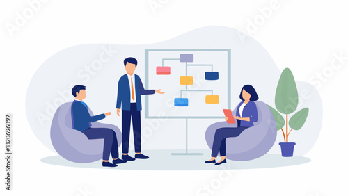 Business meeting with a presenter explaining a flowchart on a whiteboard to two seated colleagues in a modern office setting