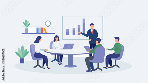 Business meeting presentation with a team discussing charts and graphs on a whiteboard in a modern office setting
