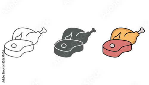 Simple icons representing raw steak and cooked chicken, showcasing different styles for food illustration.