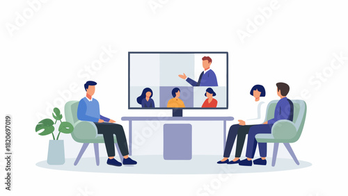 Diverse team collaborates remotely on a video conference call connecting colleagues across different locations for a virtual meeting