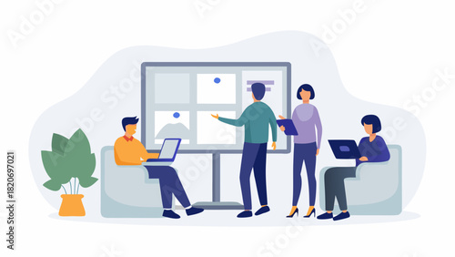Diverse team collaborates on a project using a digital whiteboard and laptops in a modern office setting fostering teamwork and innovation