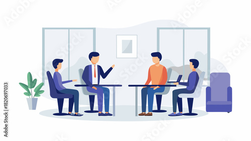 Diverse business team collaborates in a modern office setting discussing ideas and strategies around a table with a laptop and plant