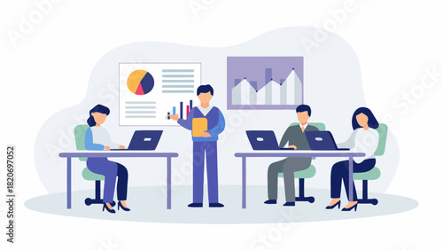 Business meeting with a presenter showing charts and graphs to colleagues working on laptops in a modern office