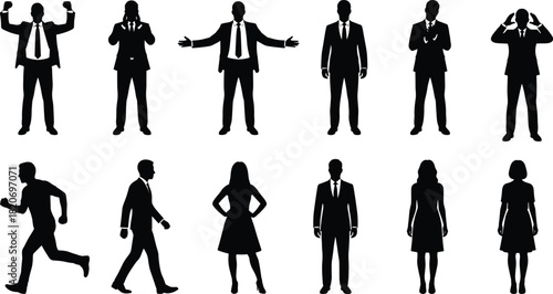 Business silhouettes, professional gestures, body language, office attire, emotion concept, posture variation, standing poses, communication, action, expression