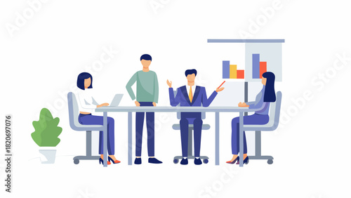Diverse team collaborates in a modern office meeting discussing business growth with a presentation chart and laptop