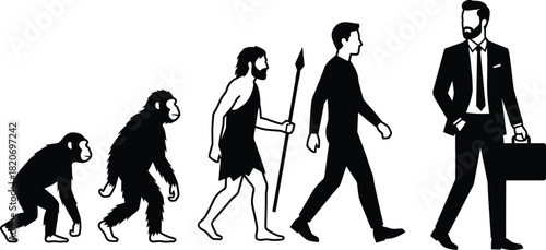 Human evolution silhouette, primate to man, societal development, business progression, timeline concept, anthropology, posture change, tool use, career growth