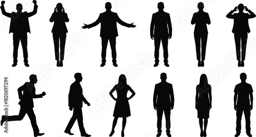 Human gesture silhouettes, expressive poses, body language, emotion concept, communication icons, posture variation, walking, standing, thinking, movement