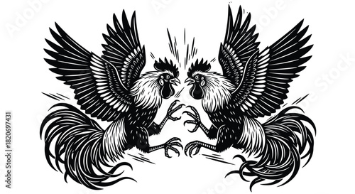 A dramatic black and white illustration of two powerful roosters engaged in a fierce cockfight, wings spread and claws ready